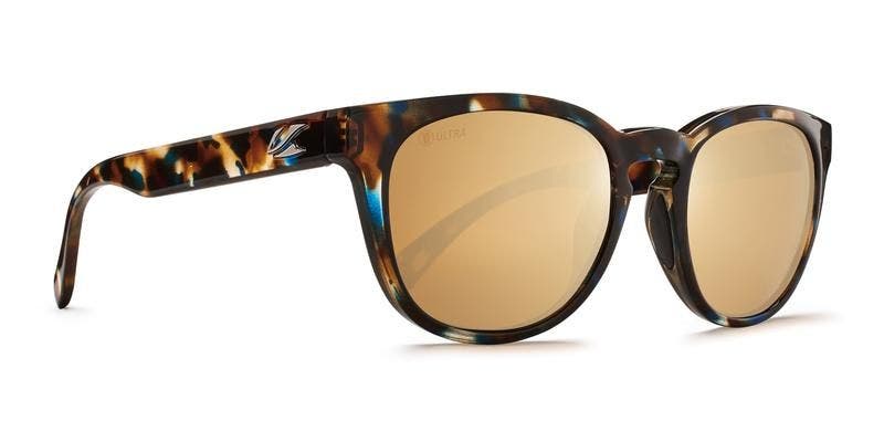 Kaenon Strand Brown Opal sunglasses with ultra gold mirror lenses (quarter view)